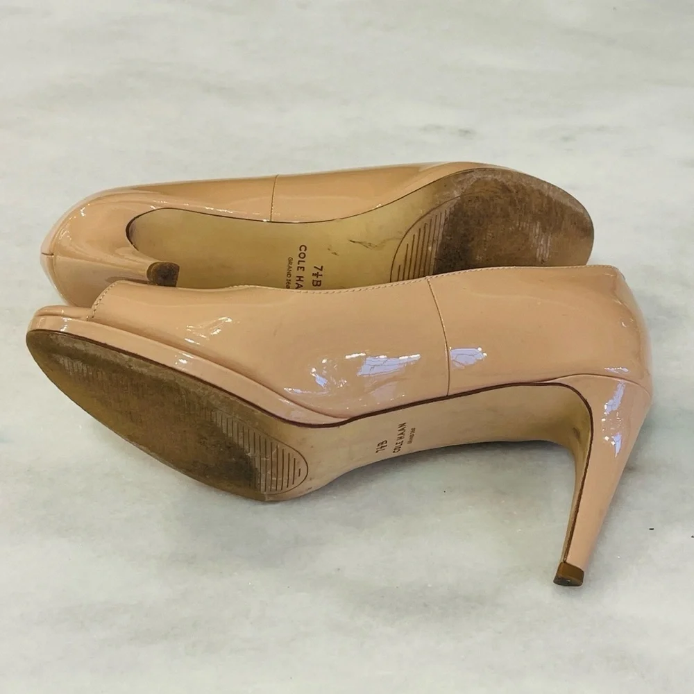Cole Haan Grand 360 Drado Nude Beige Patent Leather Peep-Toe Heels Size 7.5
